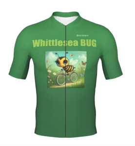 Front view of a green cycling jersey with a picture of a bug riding a bike beneath the text saying "Whittlesea BUG"